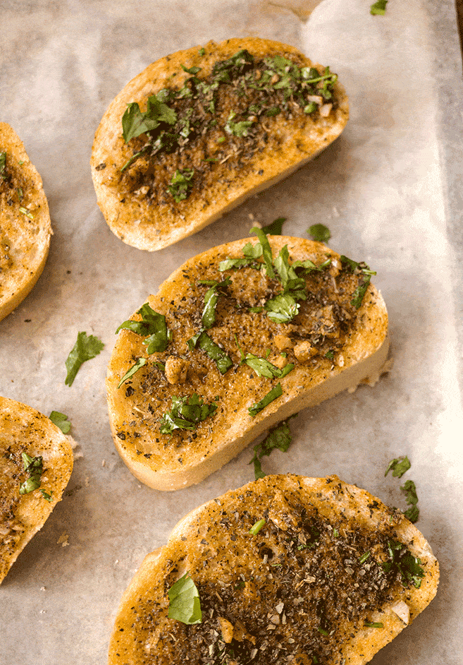 10 MINUTE PREP HERB GARLIC BREAD-You will never buy frozen garlic bread again after you try this… Not oily, and just a moderate amount of saltiness plus, the fresh herbs make this extra ordinarily apart from the garlic bread you get from the store. So easy and quick.